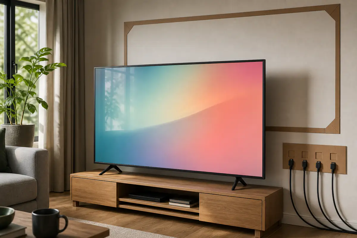 A generic television showing a blank abstract gradient beside a screen-size outline and plain HDMI cables