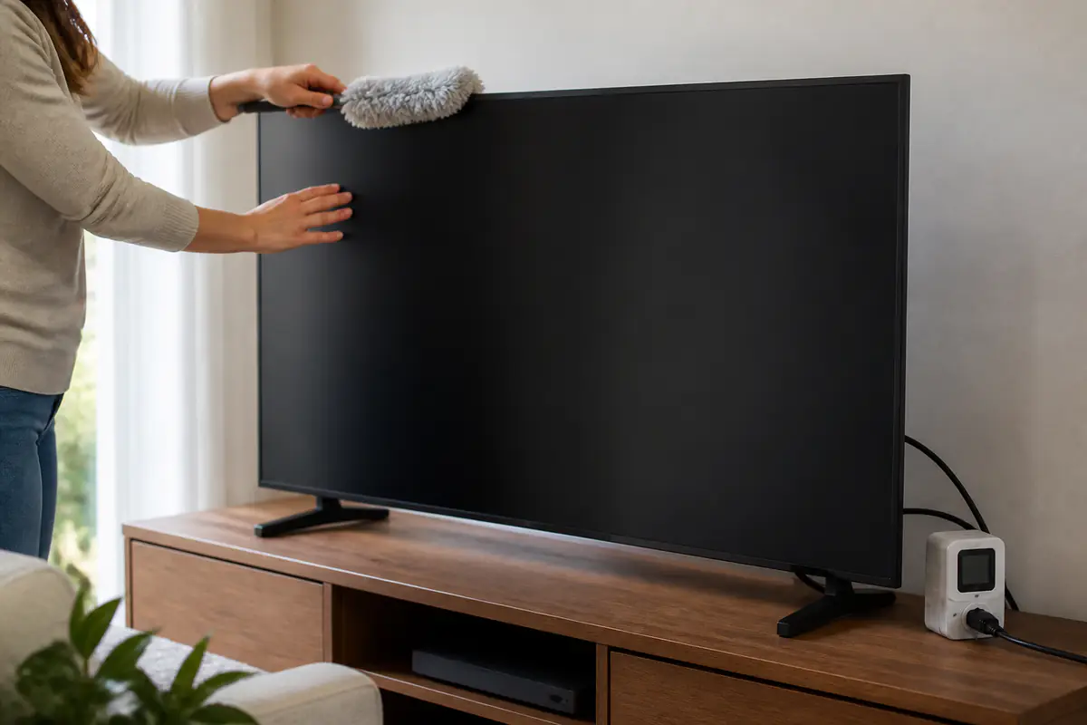 Adult safely dusts a fictional unbranded television with a blank dark screen