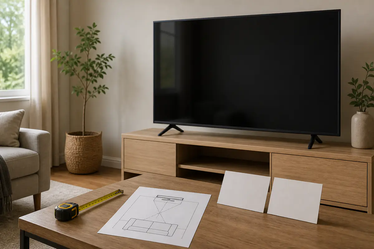 Generic unbranded switched-off television with measuring tape and blank specification cards