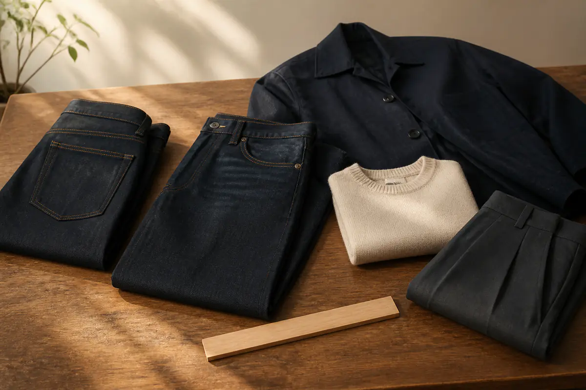 A fictional unbranded denim and casual clothing rail with plain fit-checking props in a warm studio