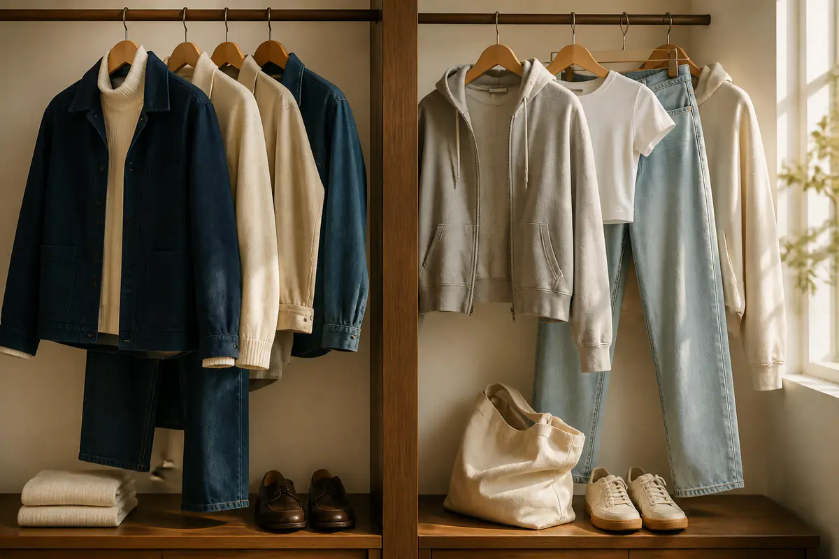 Two contrasting fictional unbranded denim and casualwear outfits arranged for a retailer comparison