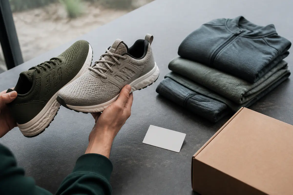 Adult hands compare fictional unbranded training shoes and folded sports layers
