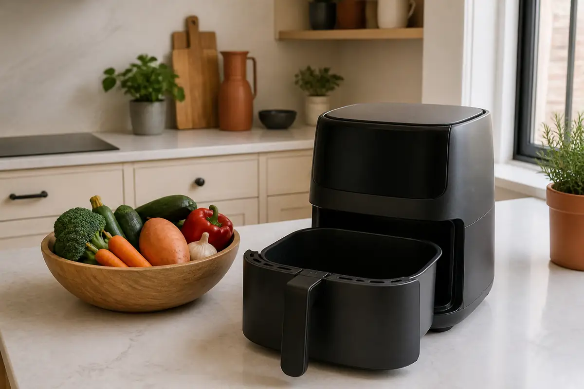 An open empty unbranded air fryer beside a bowl of vegetables