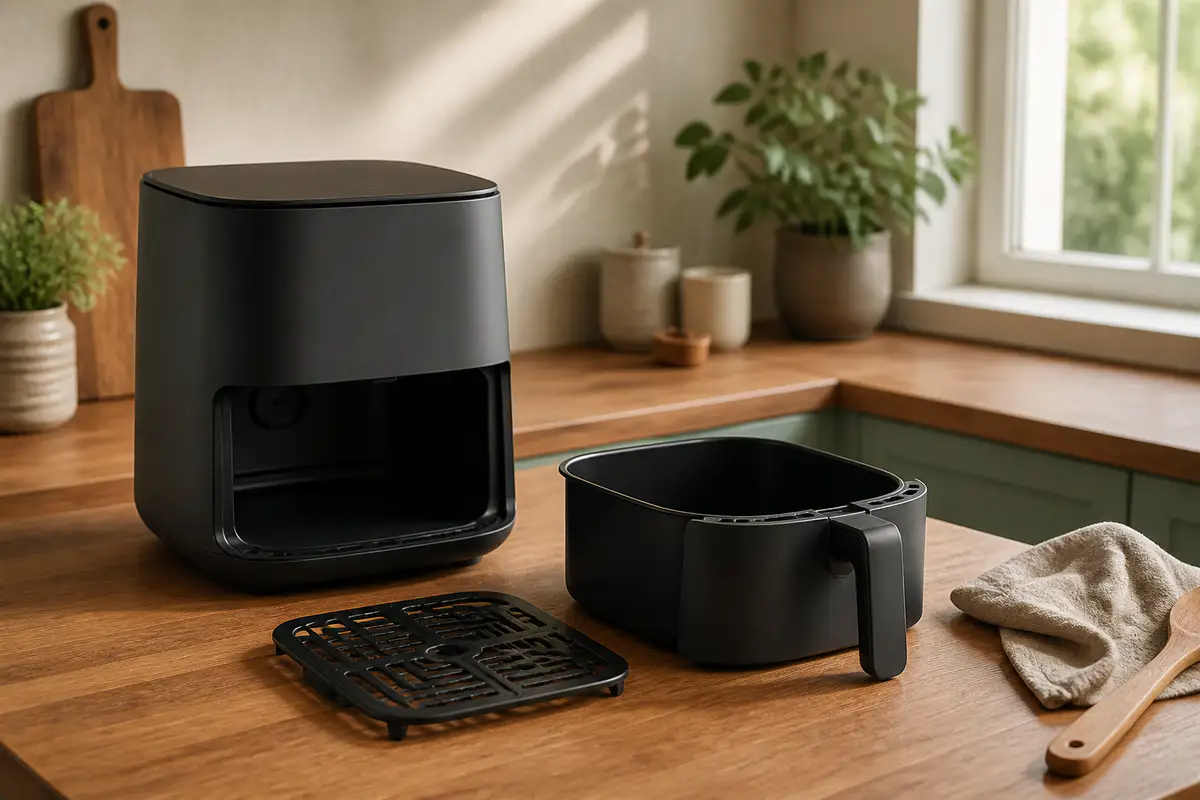 An unbranded air fryer with its clean removable basket and rack
