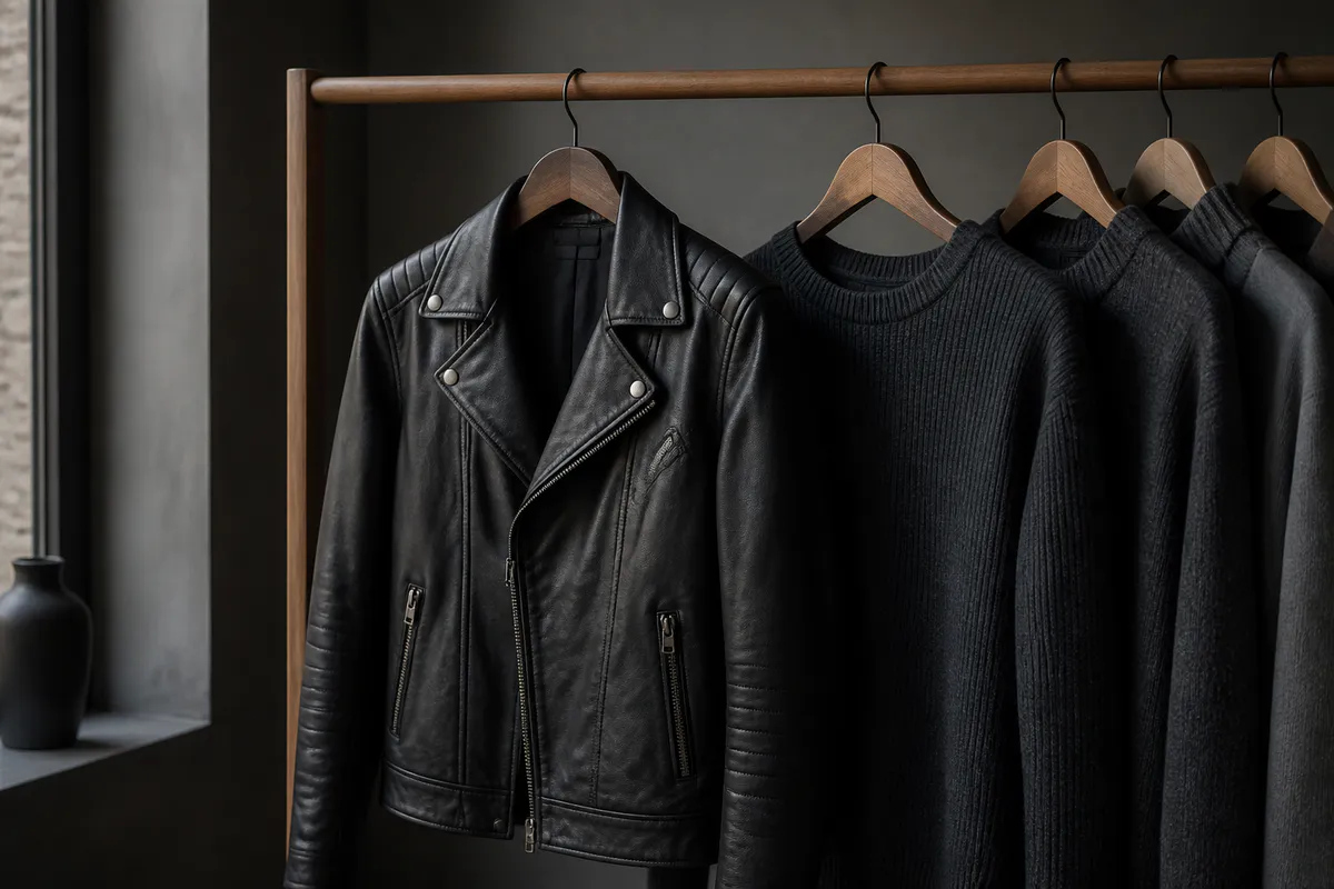 A fictional unbranded black leather-style jacket and charcoal knitwear on a simple wooden rail