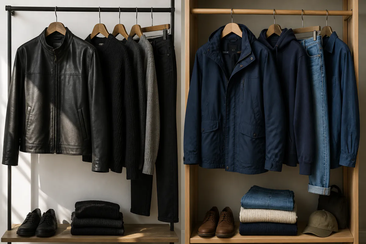 Two fictional unbranded casual wardrobes comparing a black leather-style layer with practical navy outerwear and denim