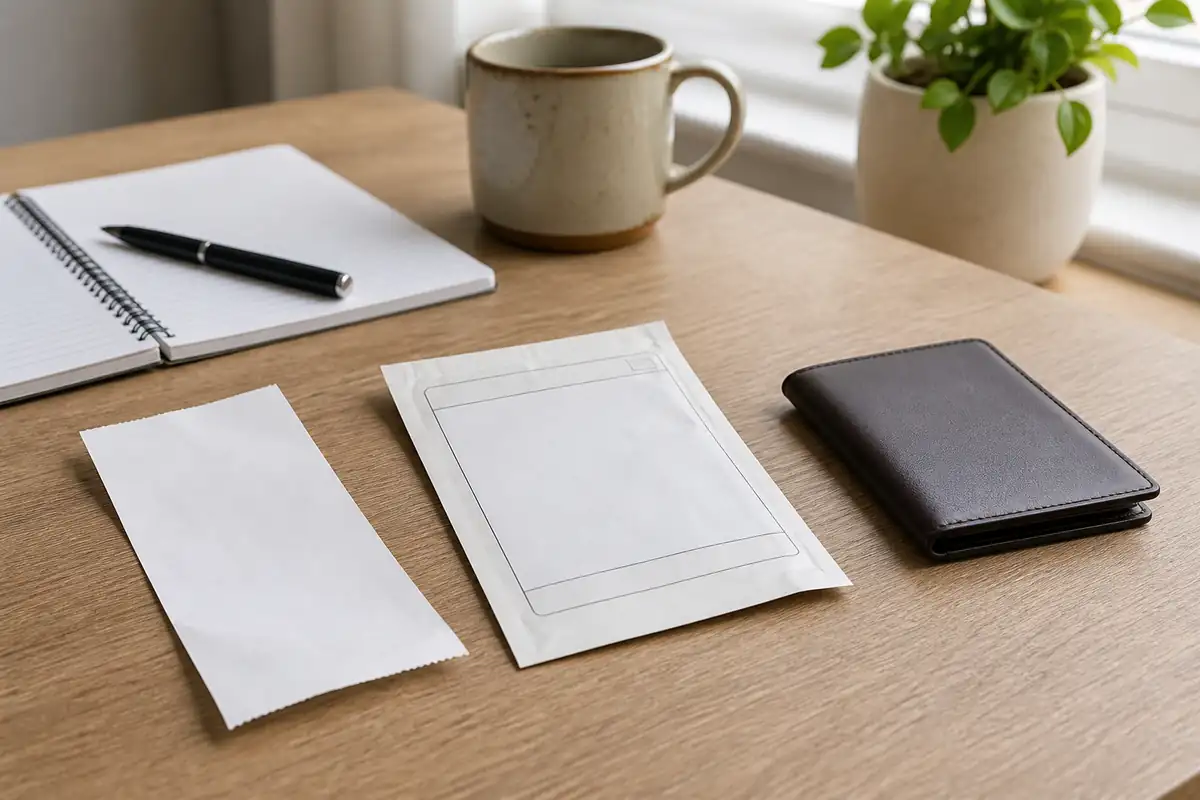 Blank purchase papers and a plain card holder on a desk