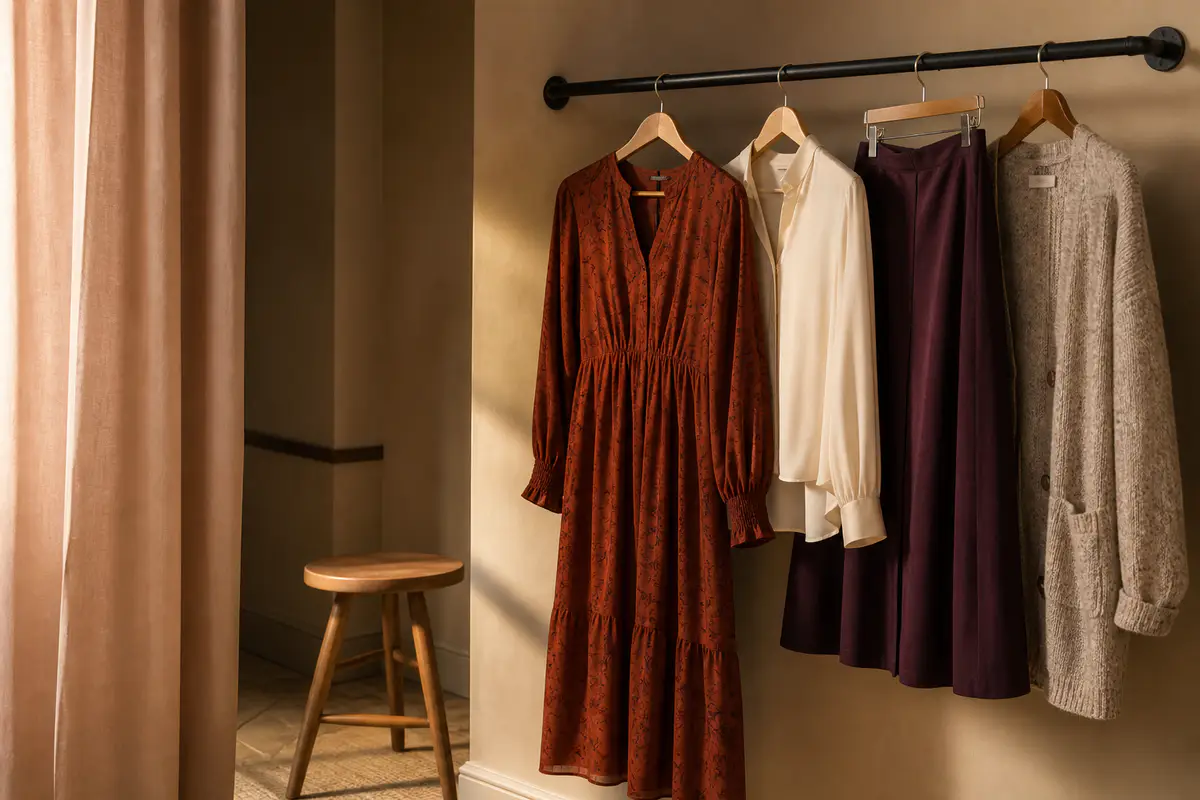 An expressive unbranded fashion rail with rust, cream, plum and neutral garments