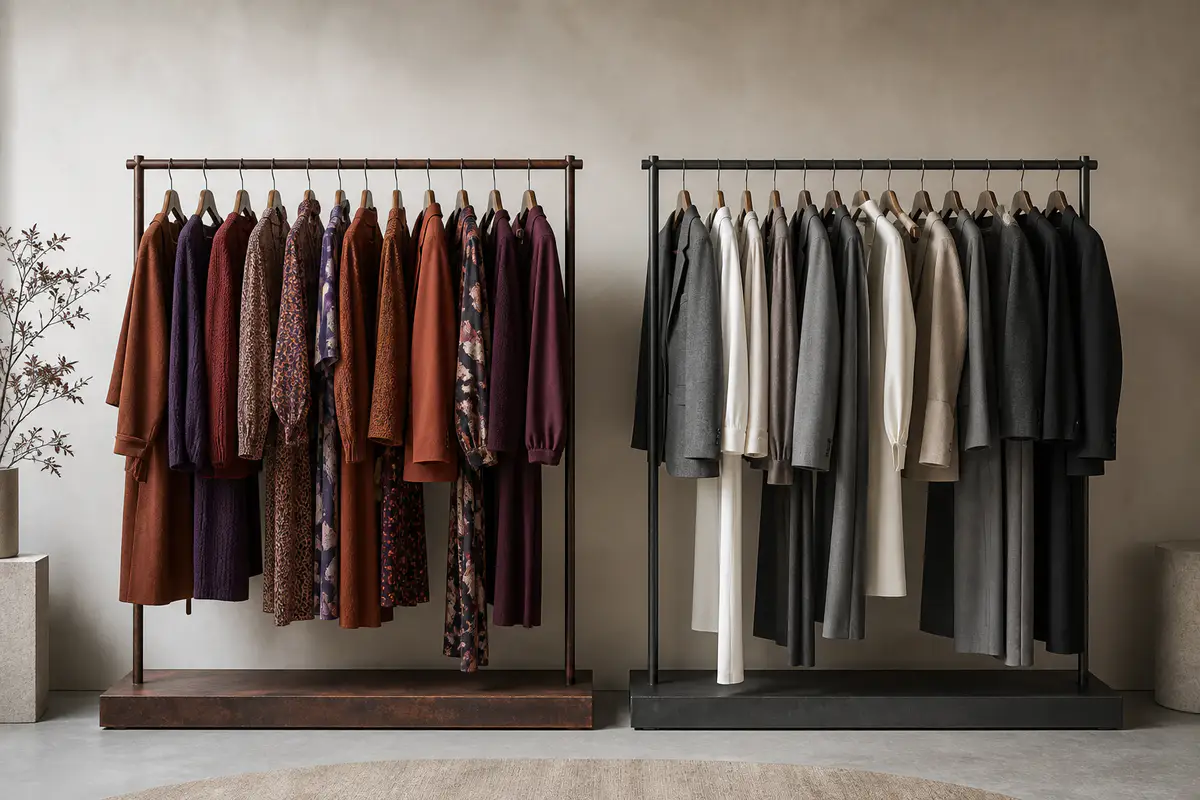 Two contrasting unbranded fashion rails with expressive and minimalist edits