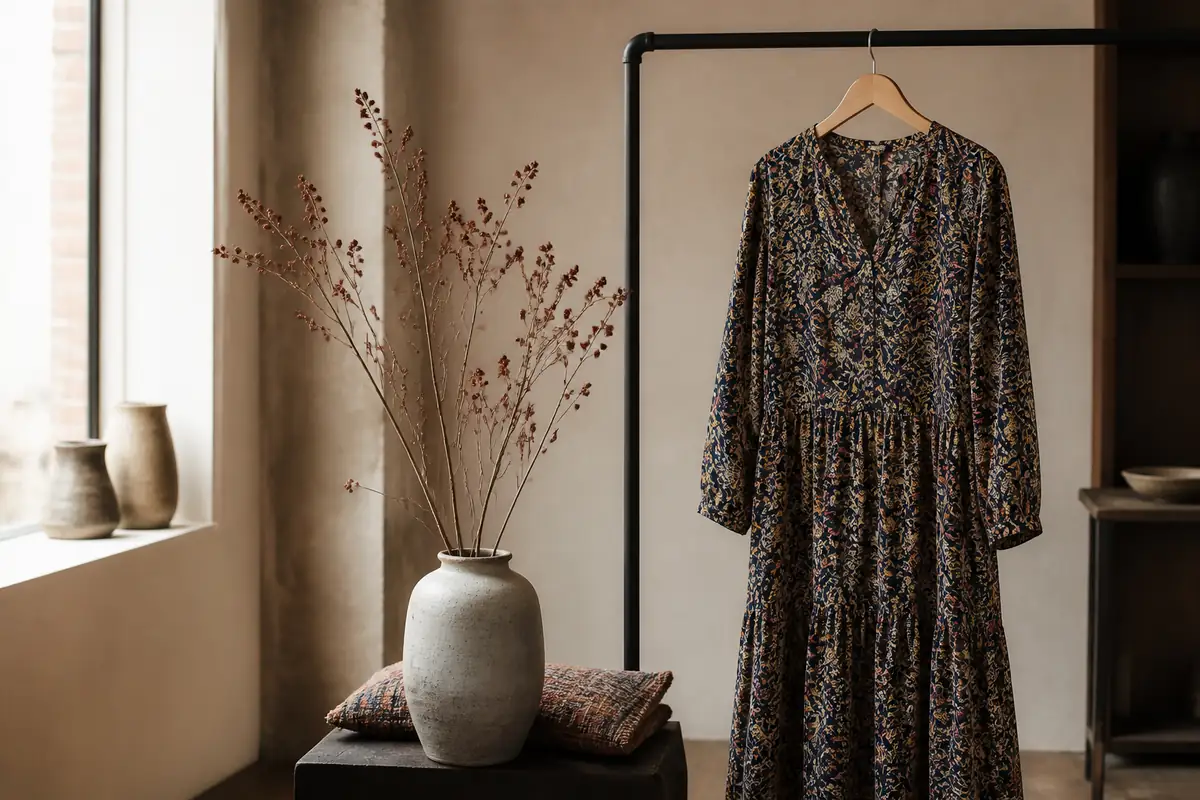 An unbranded patterned dress beside ceramic home accessories in a warm interior