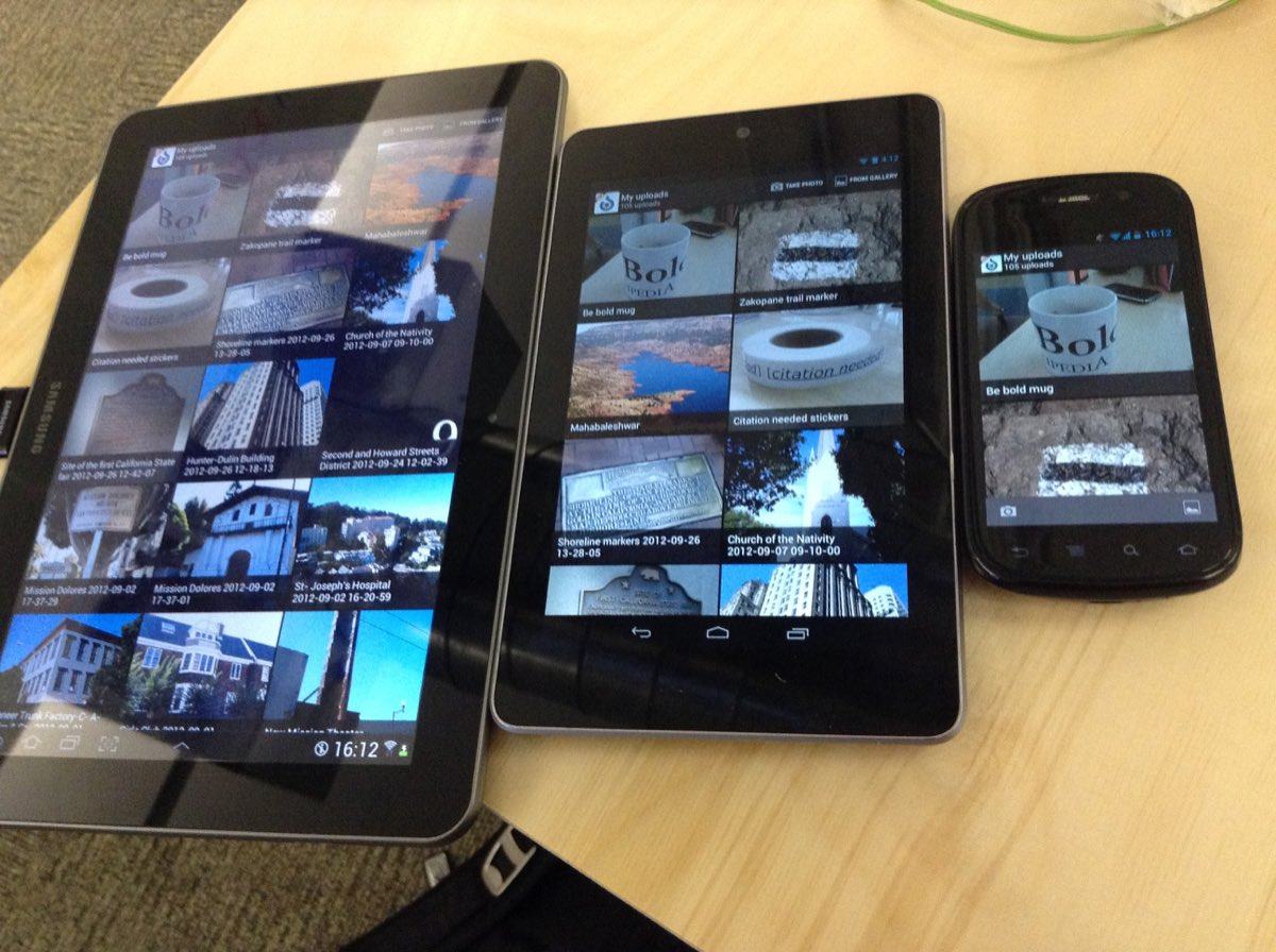 Android smartphones and tablets displaying the Wikimedia Commons app