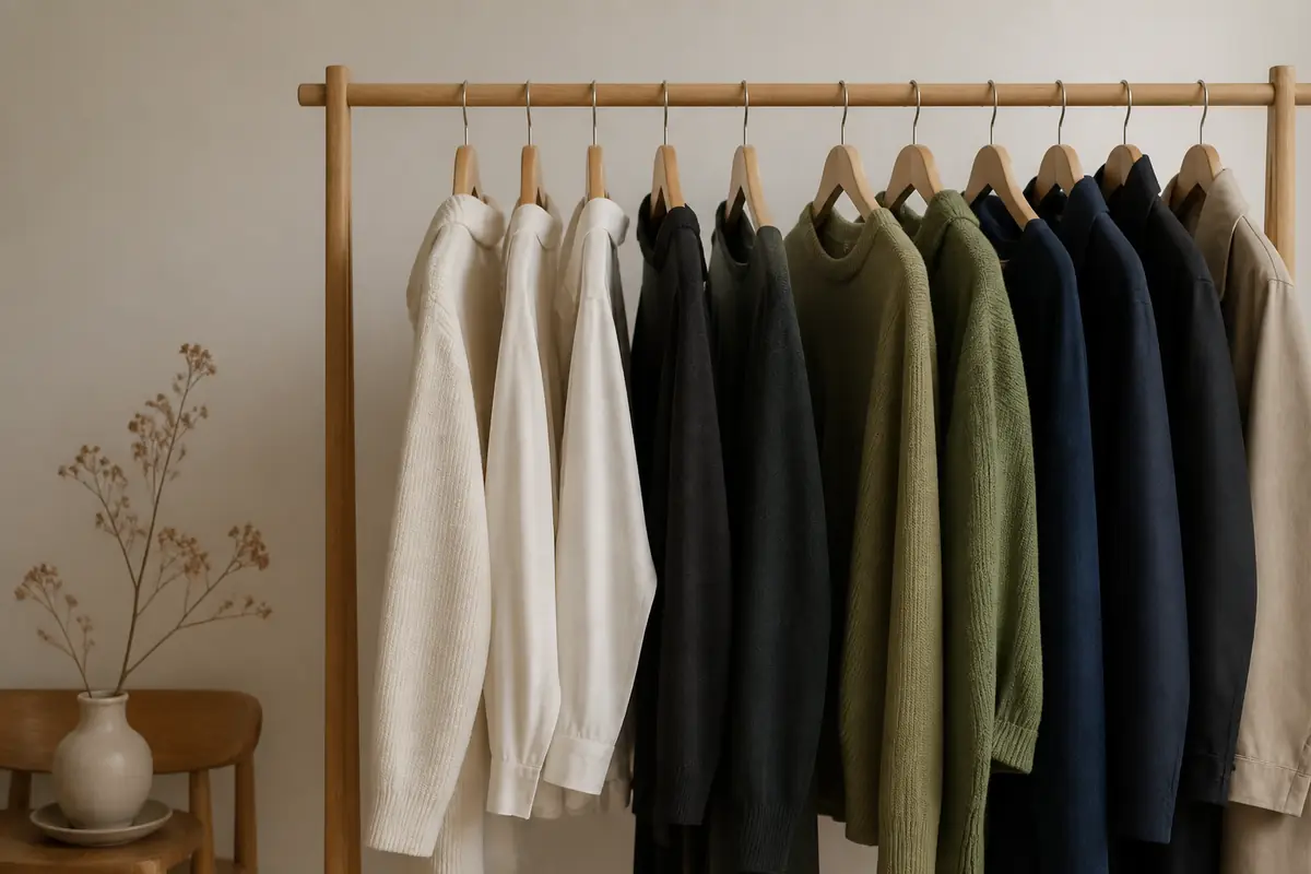 A restrained unbranded wardrobe rail with cream, charcoal, olive and navy garments