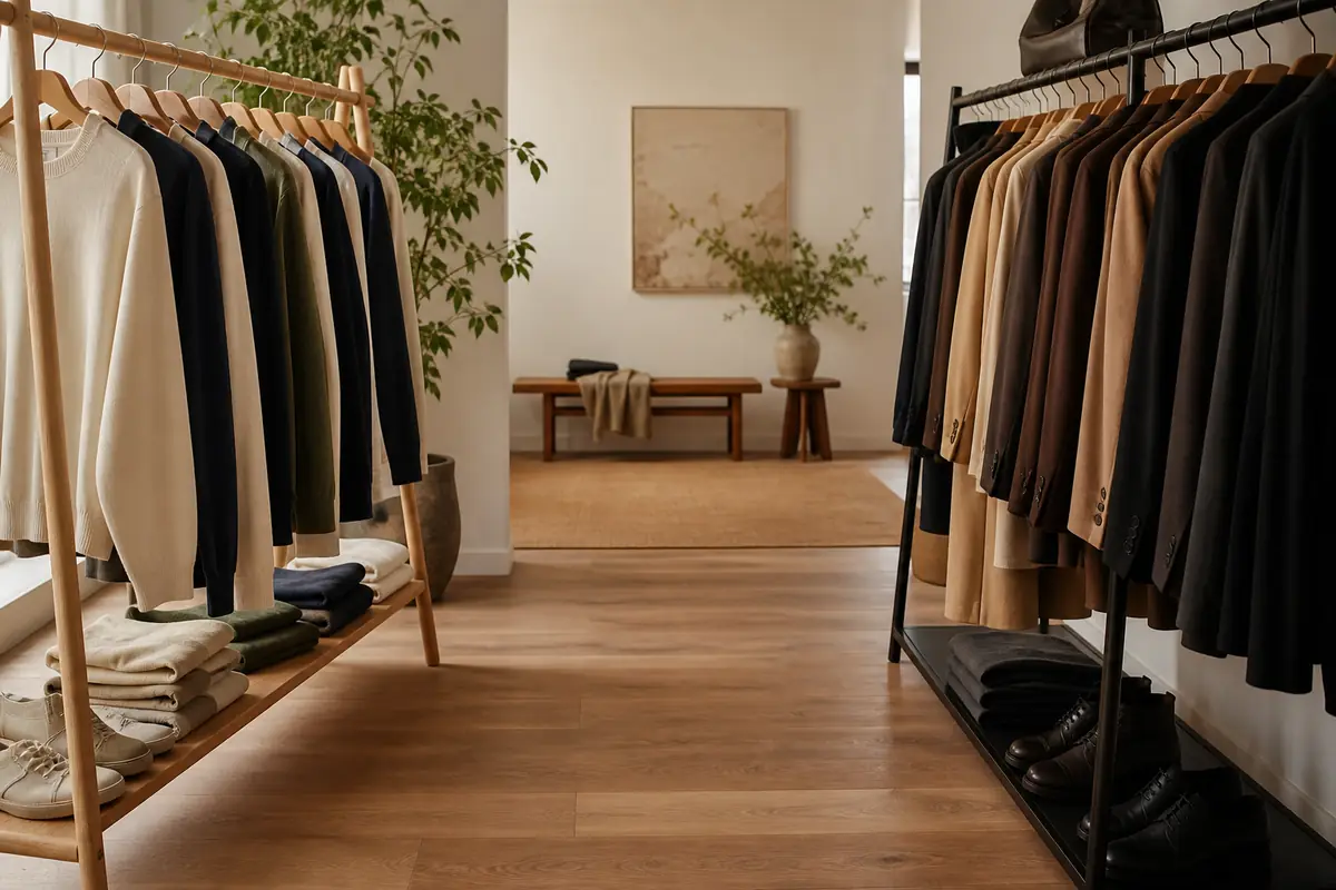 Two contrasting unbranded fashion rails with casual essentials and tailored pieces