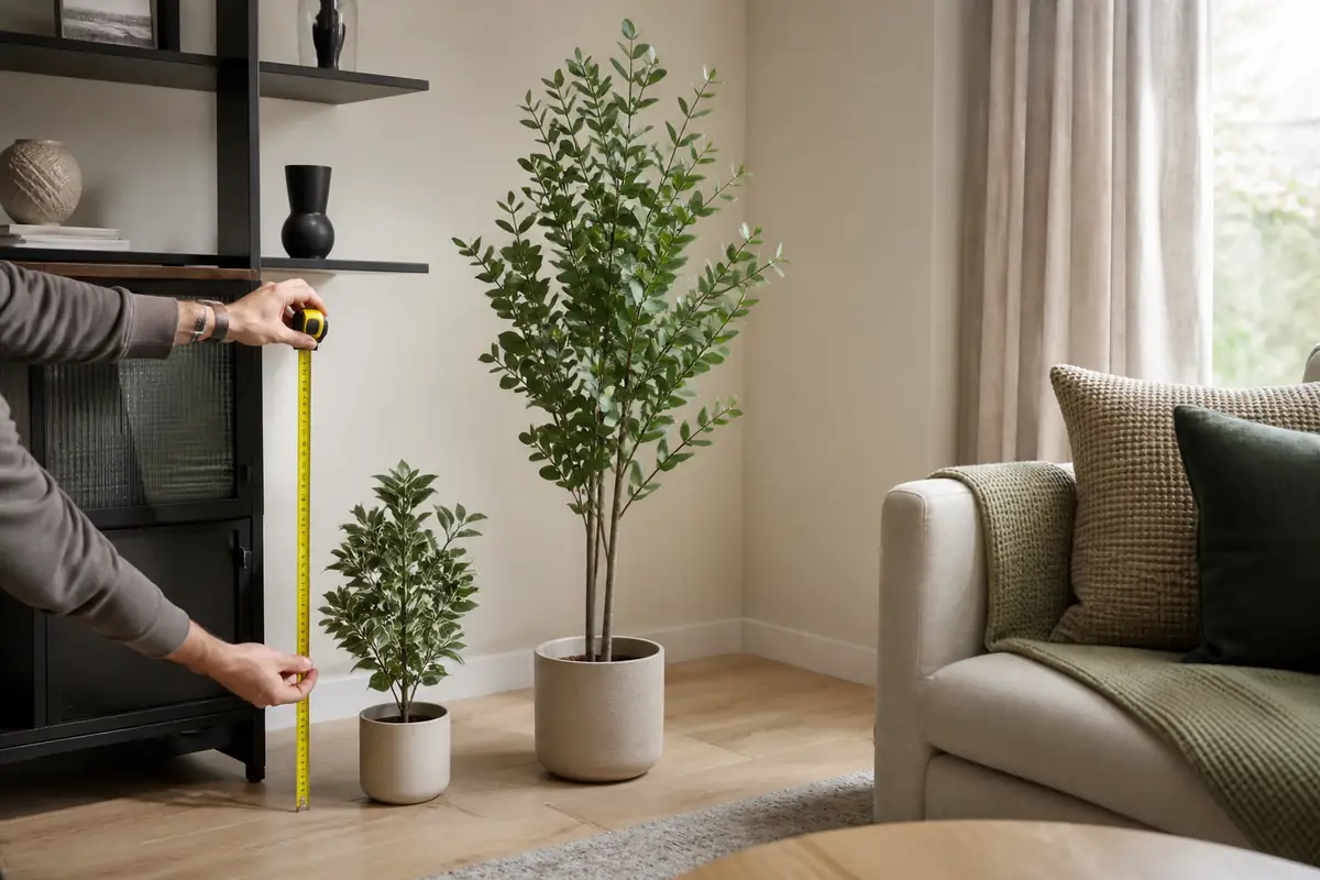 A shopper measuring artificial plants in a natural home interior