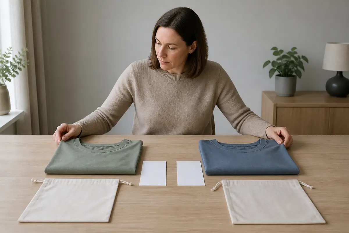 An adult comparing two plain garments with blank measurement cards
