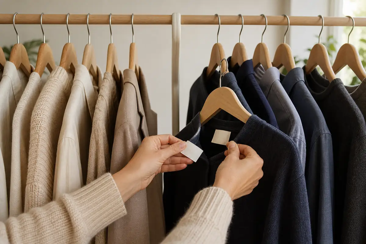 An adult comparing blank labels on two groups of plain clothing