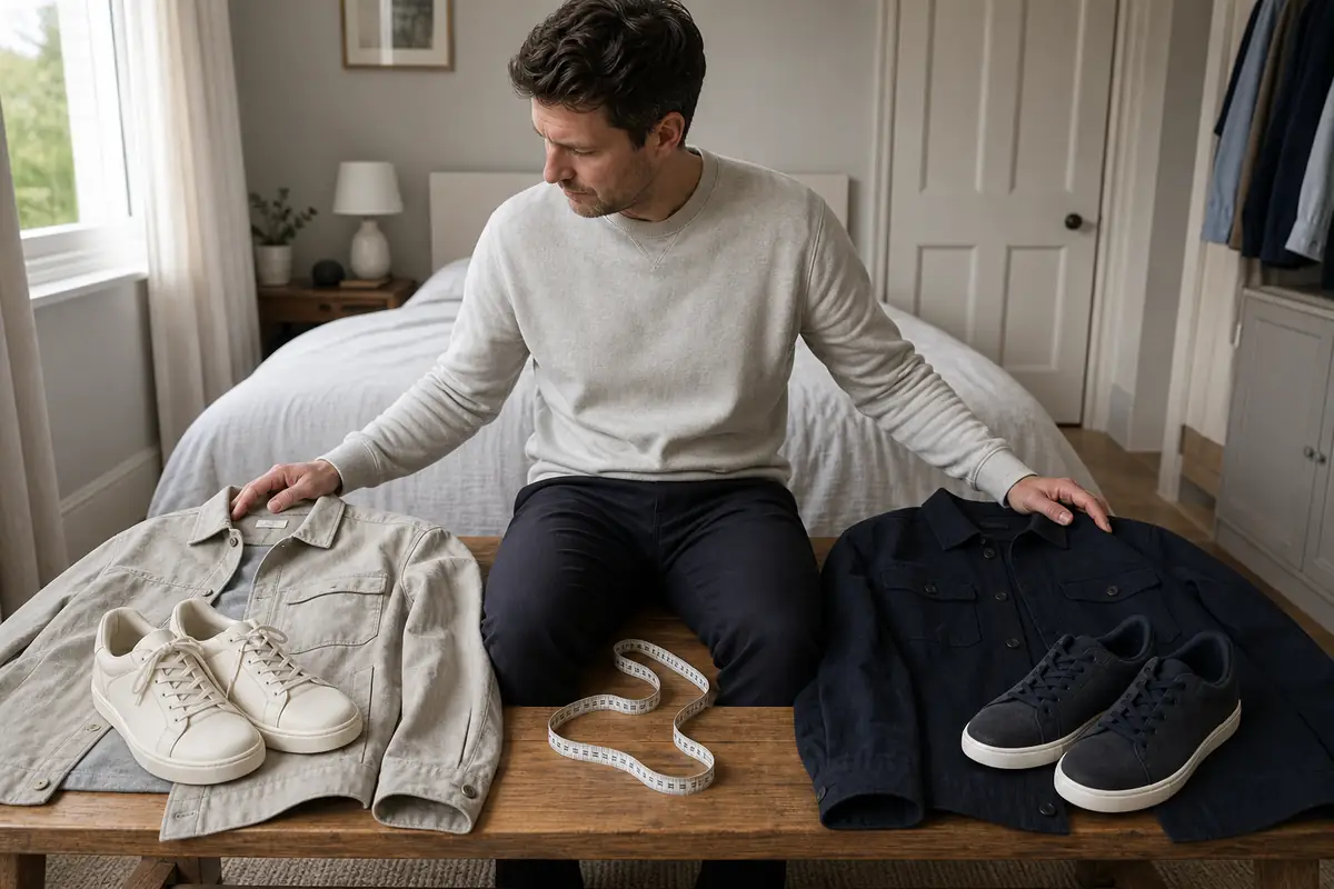 A shopper comparing two unbranded fashion outfits and trainers