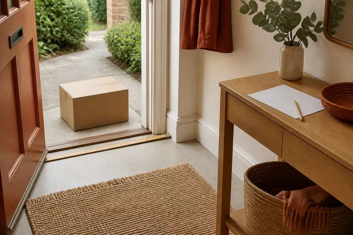 An unbranded parcel, tape measure, doorway and simple delivery checklist in a bright UK home entrance