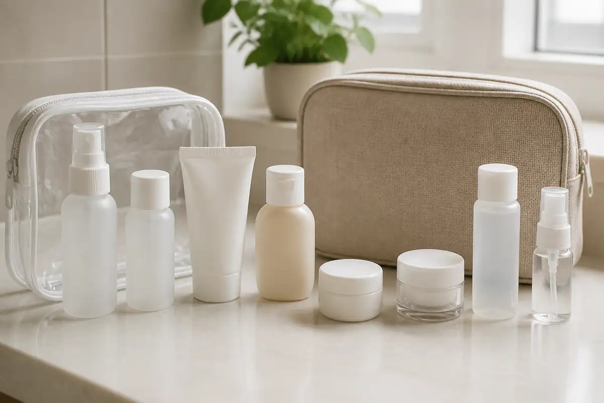 Plain unbranded beauty containers in several small travel sizes