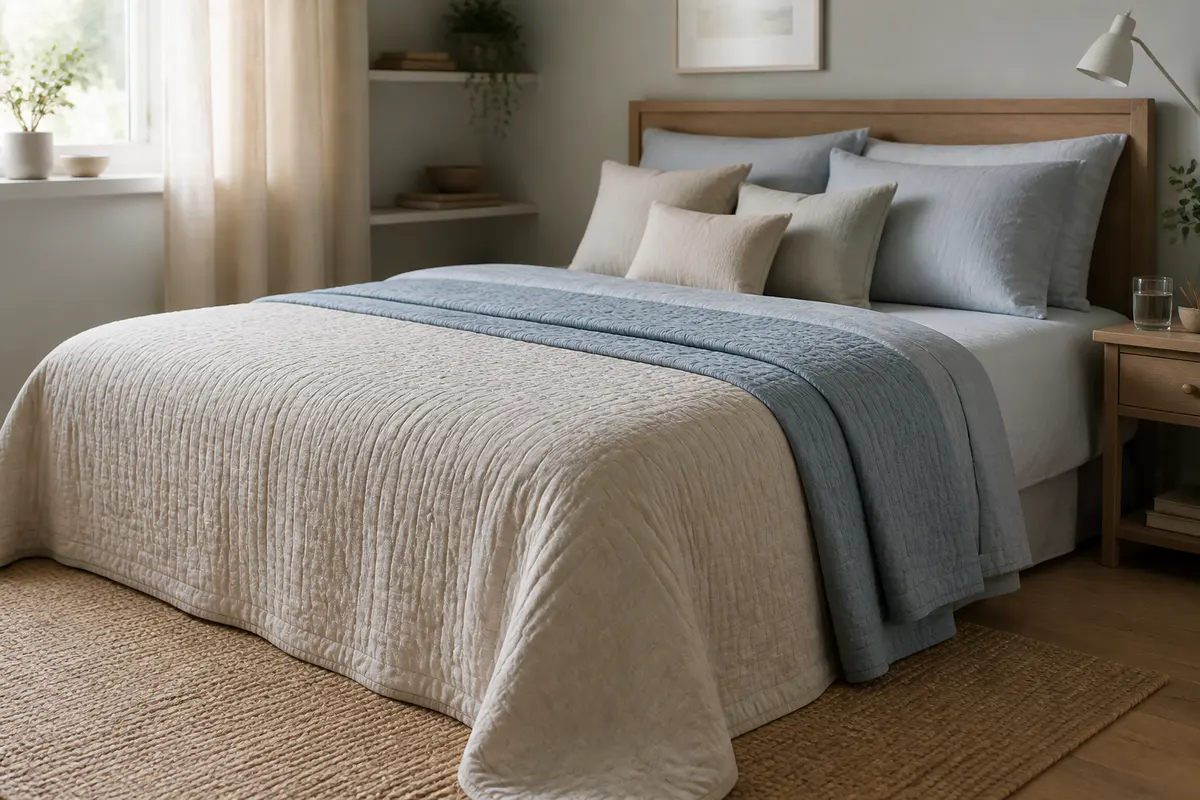 A calm bedroom with an oatmeal textured coverlet and a soft blue folded bedspread showing realistic drape