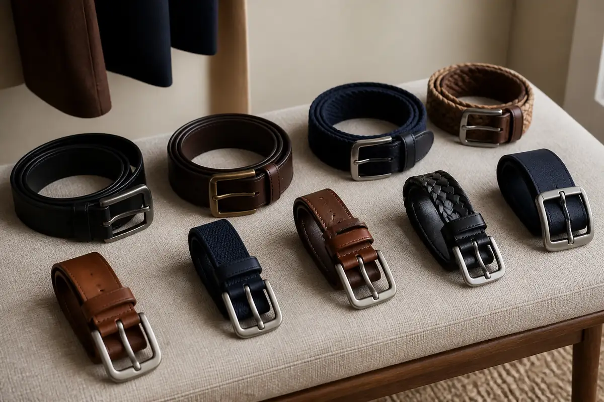 A selection of unbranded belts in different widths, materials and buckles