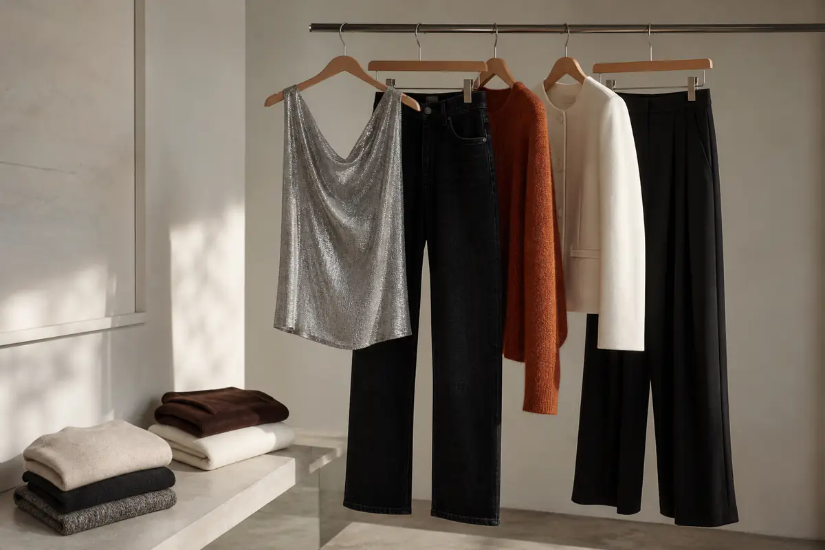 A fictional unbranded rail mixing denim, knitwear, fitted tailoring and an evening top in natural light