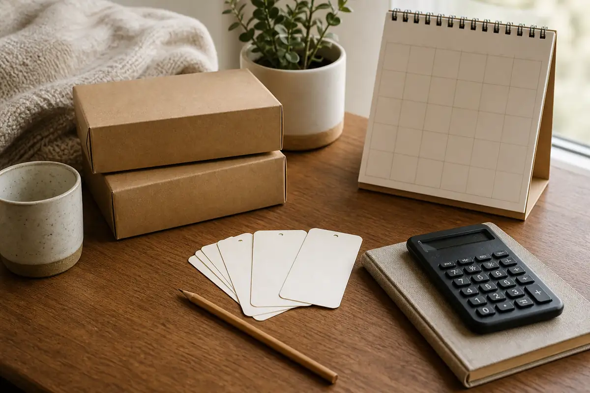 A calm sale-planning desk with blank cards, parcels and a calendar