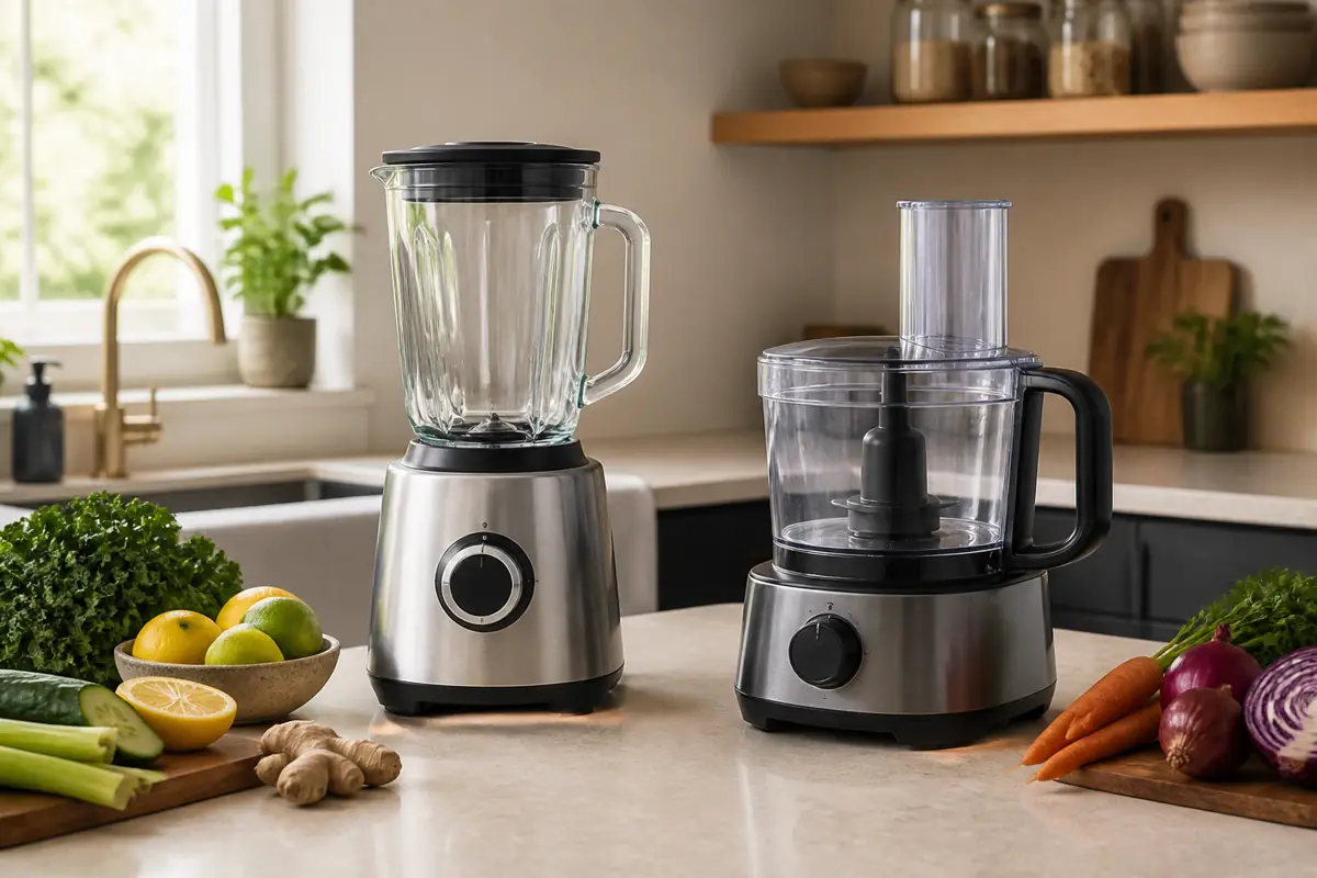 An unbranded blender and food processor on a kitchen worktop