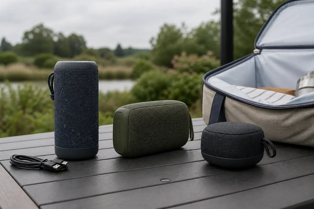 Three fictional unbranded portable Bluetooth speakers in different sizes on a sheltered outdoor table