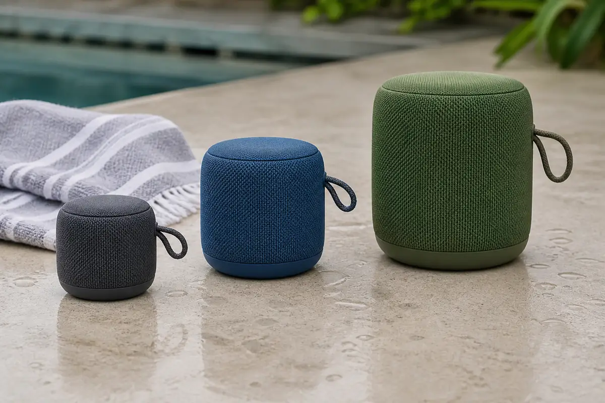 Three fictional unbranded portable speakers in different sizes beside water droplets and a charging cable