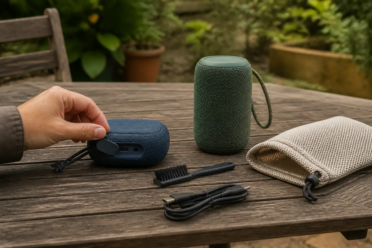 Generic unbranded portable speakers and a charging cable arranged outdoors on a wooden surface