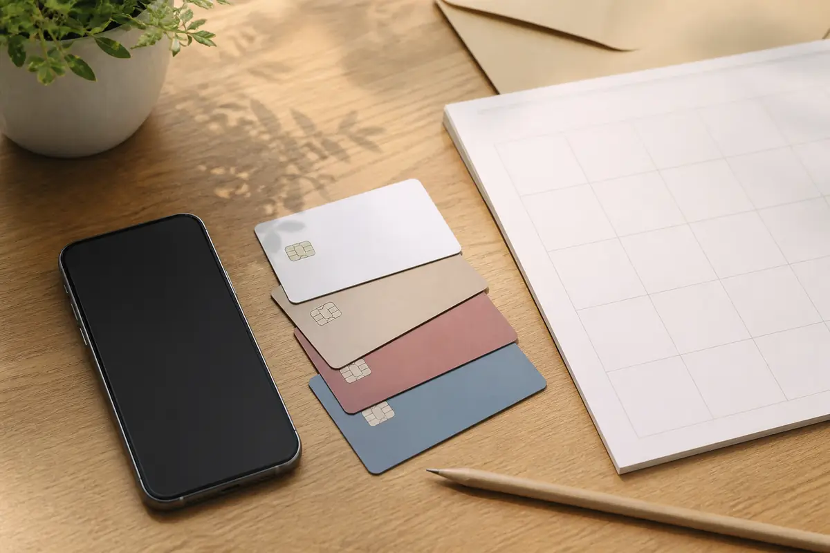 A blank phone, plain payment cards and an unreadable calendar on a desk