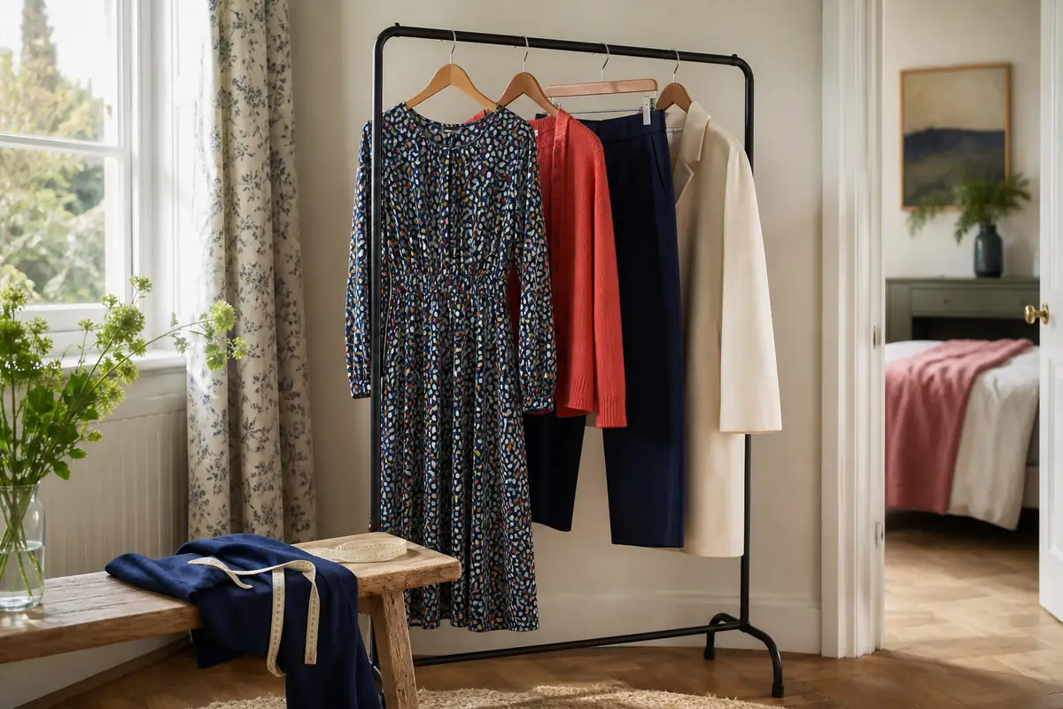 A colourful unbranded women’s clothing rail with plain dresses and knitwear in a calm studio
