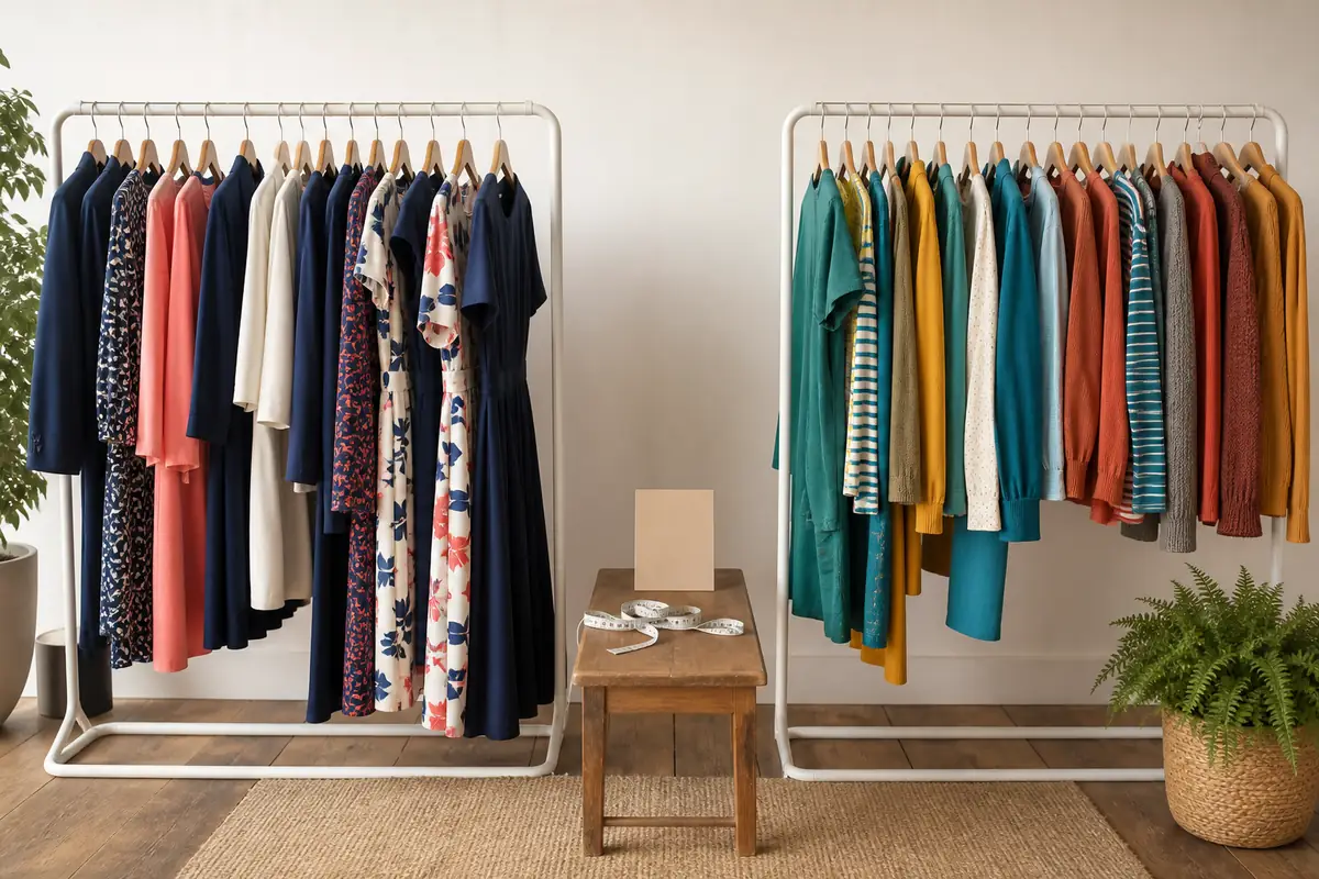 Two contrasting unbranded colour-led fashion rails arranged for a balanced retailer comparison