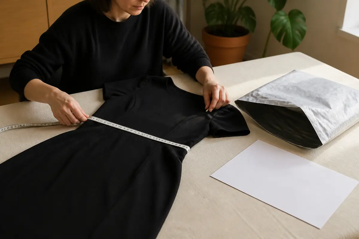An adult measuring and inspecting a plain black dress beside blank returns materials