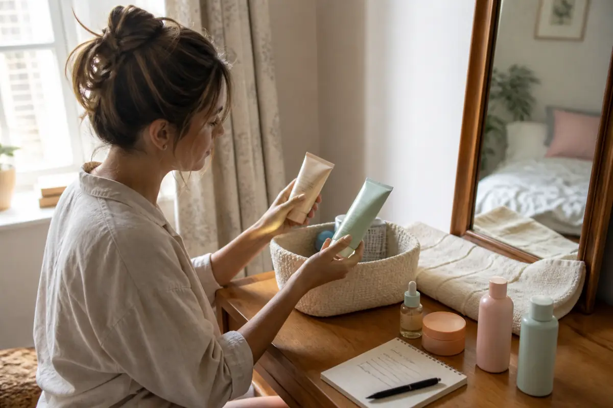 A shopper comparing two unbranded skincare tubes at a bedroom dressing table