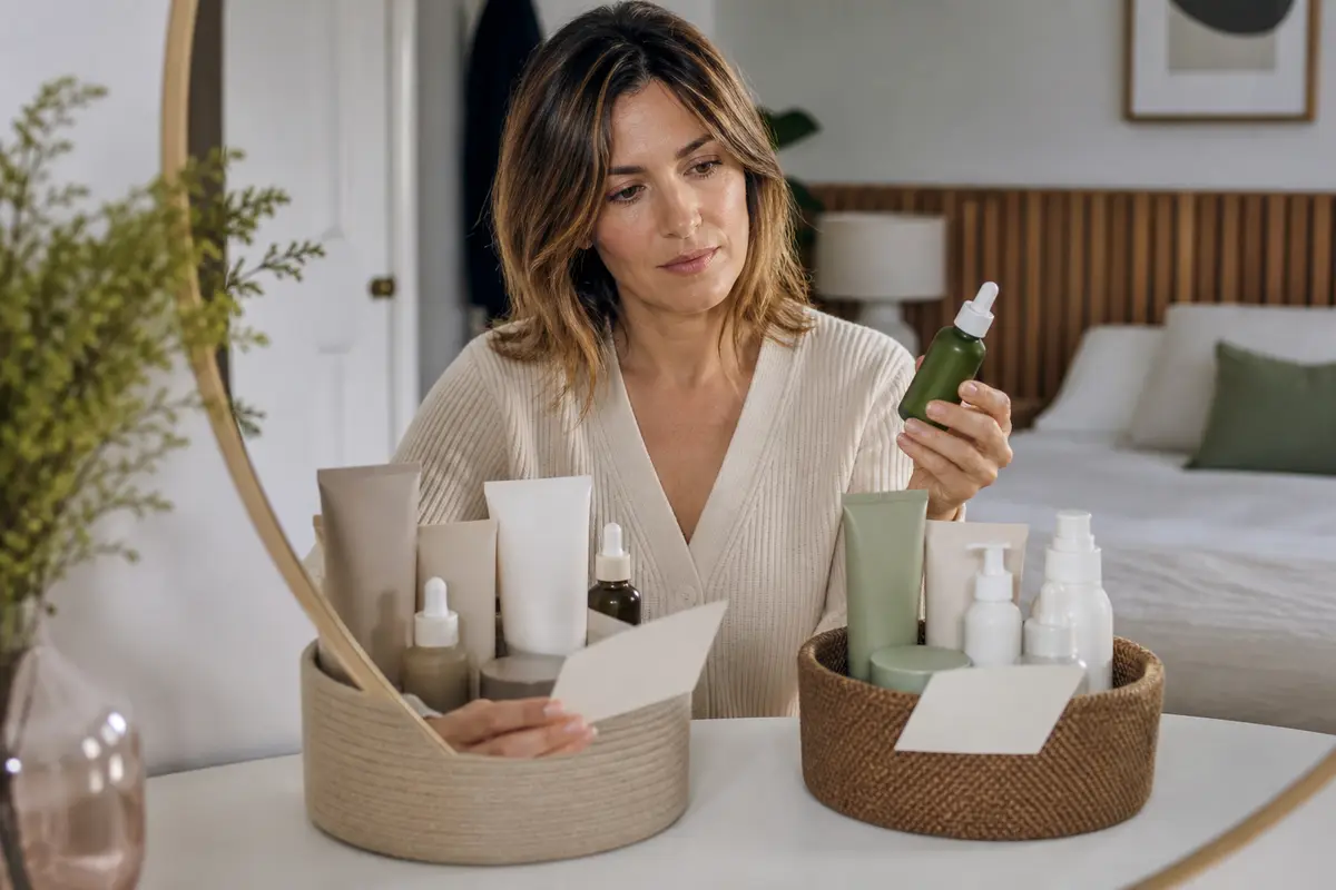 A shopper comparing two baskets of unbranded beauty products