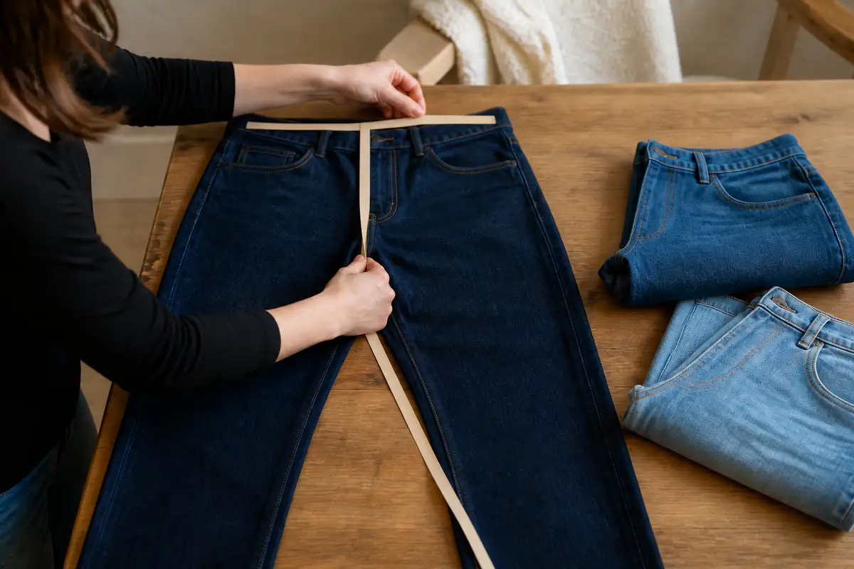 A shopper measuring unbranded jeans laid flat at home