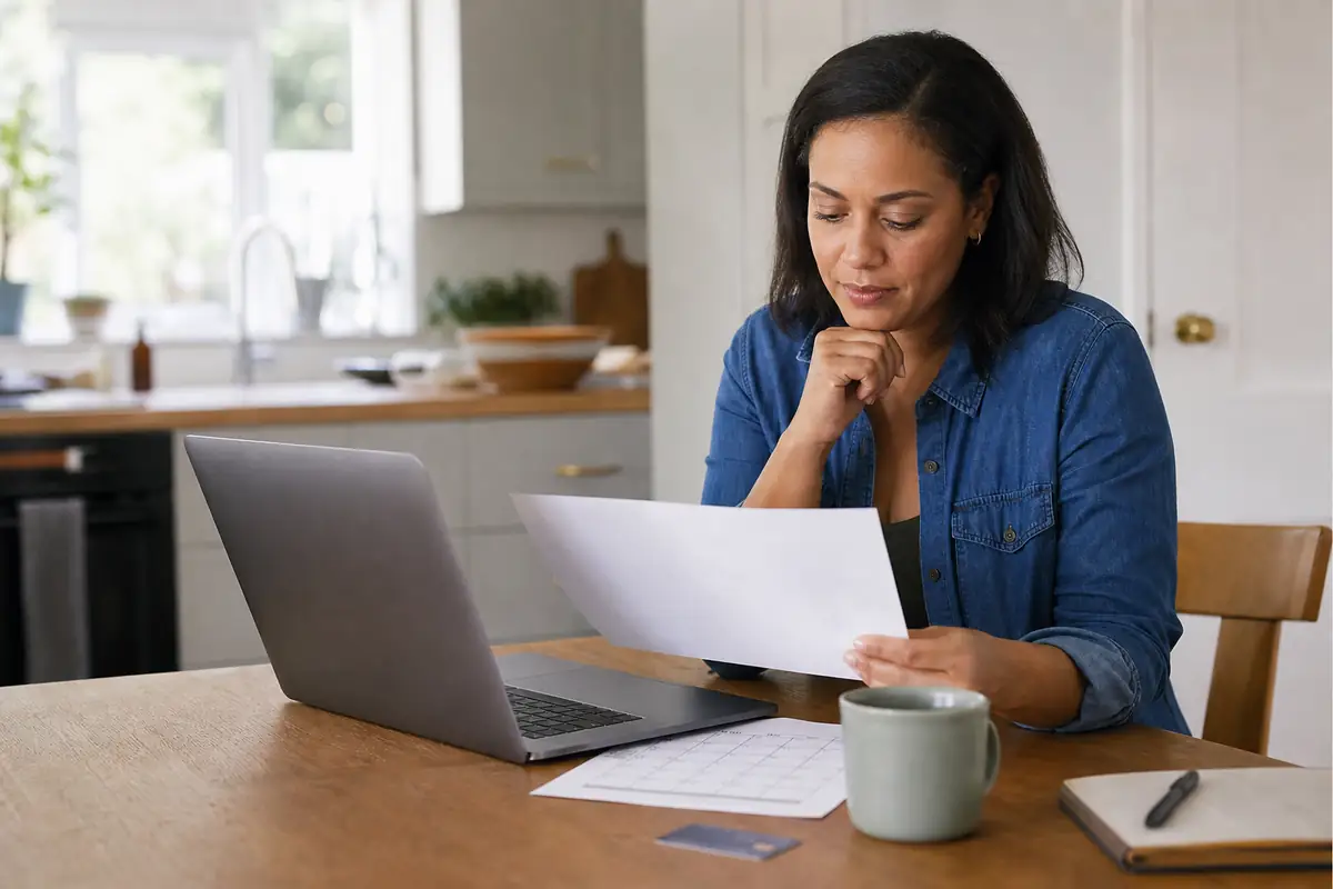 A shopper reviewing a repayment calendar beside an unbranded laptop