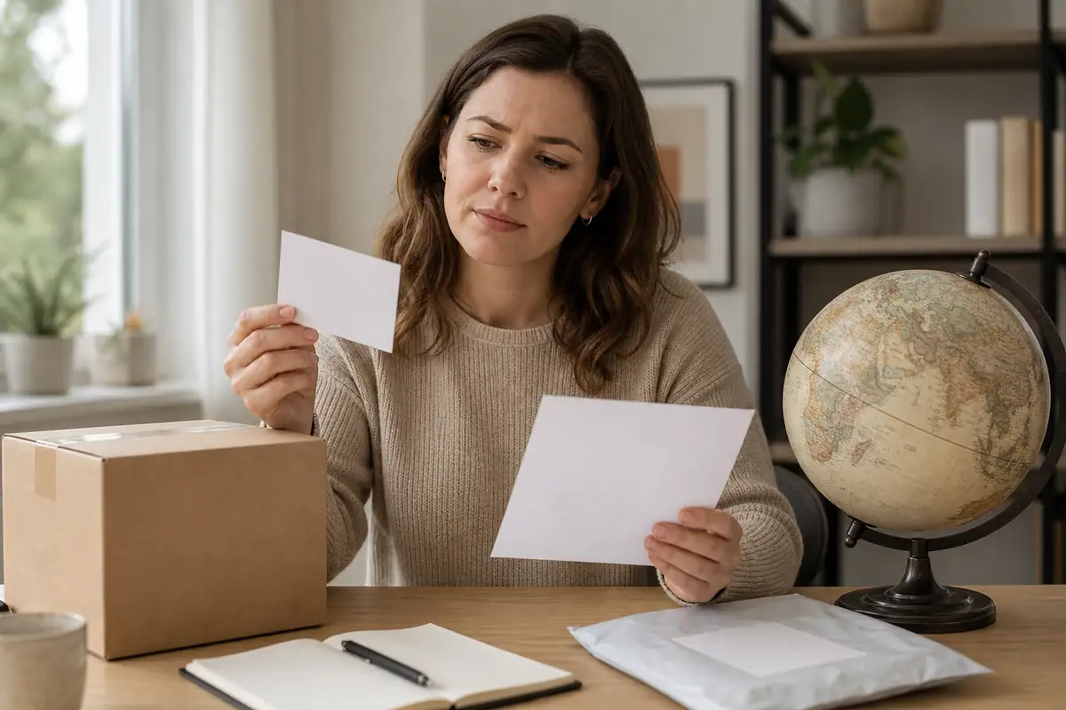An adult comparing a plain parcel and blank customs cards beside a globe