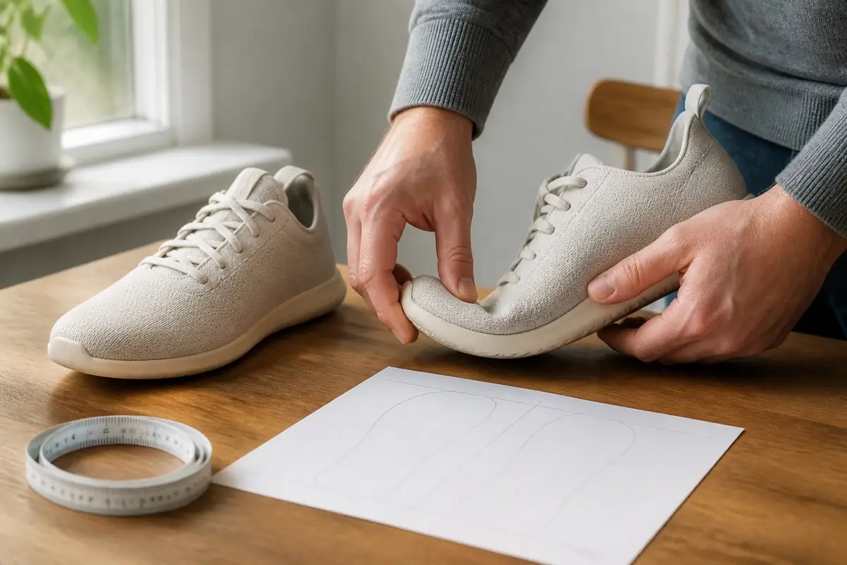 An adult checking the flex and dimensions of plain trainers