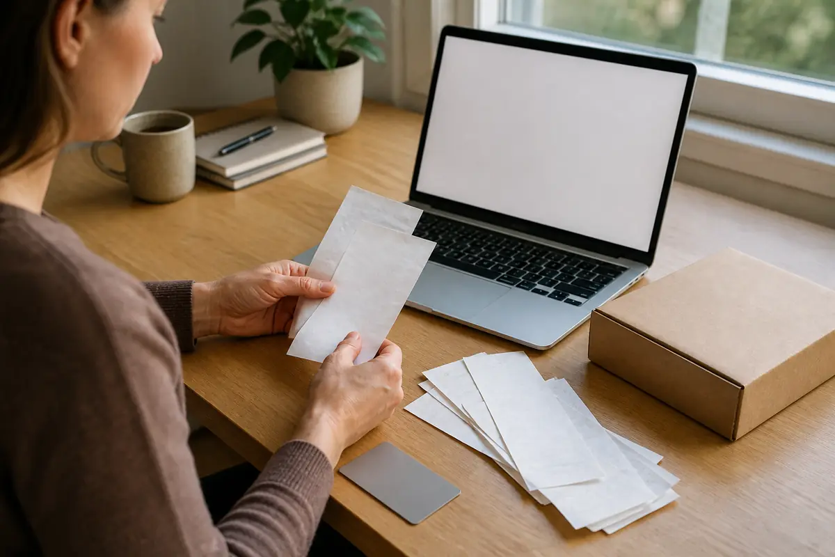 An adult organising blank card-purchase records beside a parcel and laptop
