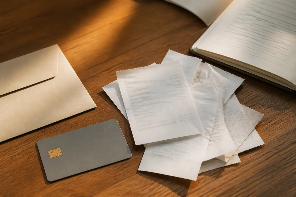 A plain bank card, unreadable receipts, notebook and envelope on a desk