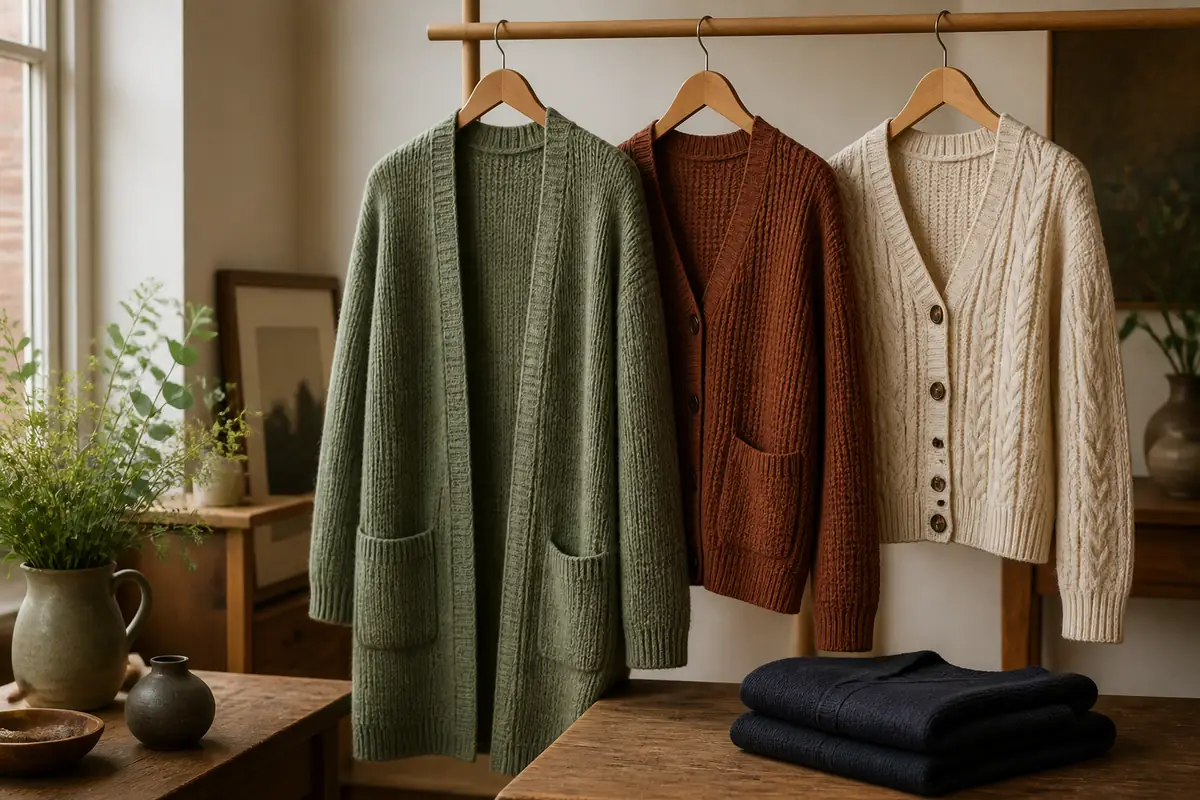 Three fictional unbranded cardigans in different gauges and lengths on a warm studio rail