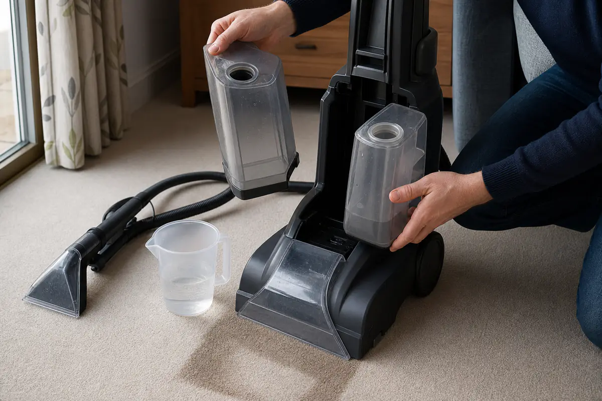 Adult hands comparing two removable tanks on a generic unbranded carpet cleaner