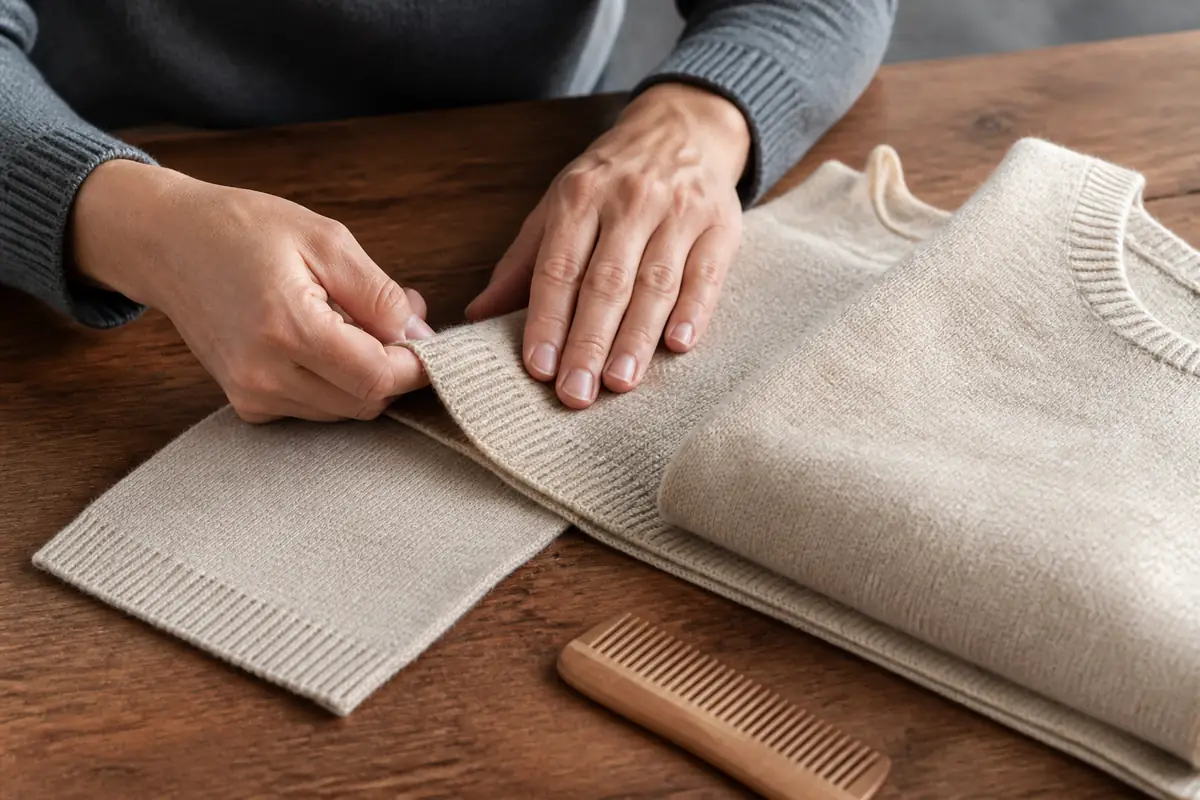 An adult inspecting the ribbing and surface of plain oatmeal knitwear
