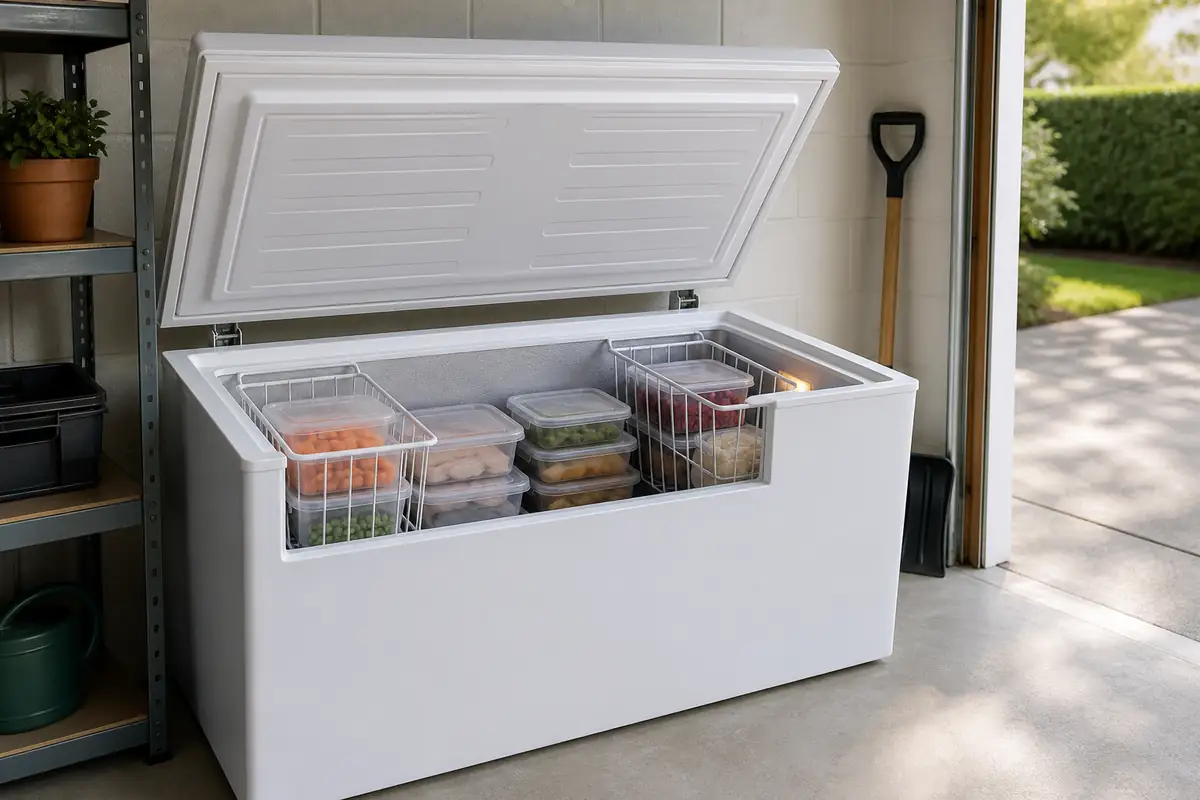 An open fictional unbranded chest freezer with baskets and plain food containers in a tidy utility space
