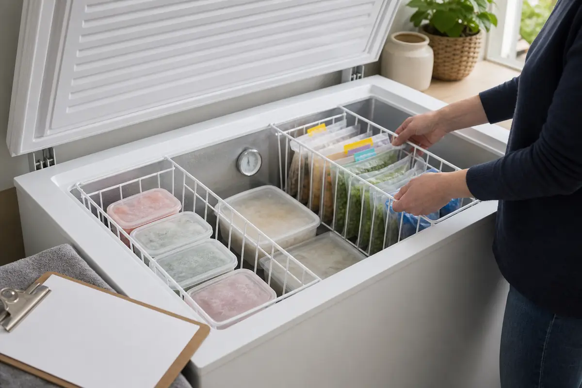 A generic organised chest freezer with baskets, plain containers and an adult lifting one basket
