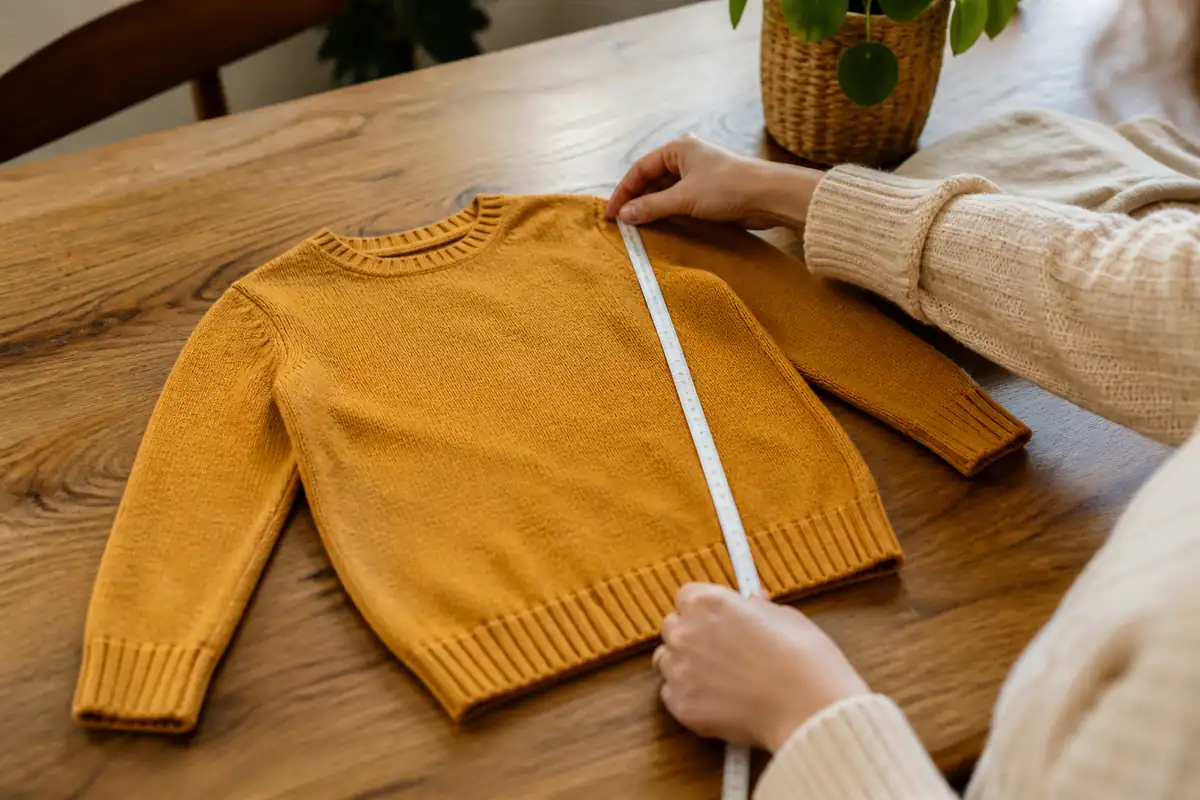 An adult measuring a plain child-size jumper laid flat