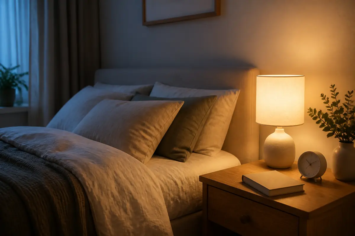 A warm bedside lamp beside a bed and an unmarked book
